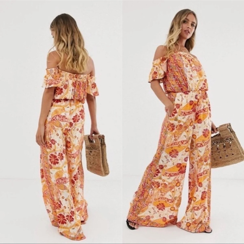 Free People Carmen Paisley Boho Wide Leg Jumpsuit XS Coconut Girl EUC!